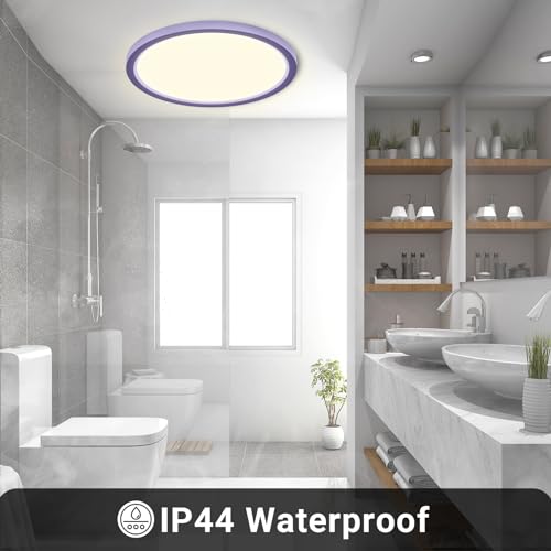 LED-Deckenleuchte IP44, rund und flach, lila Außenring mit warmweißem Licht