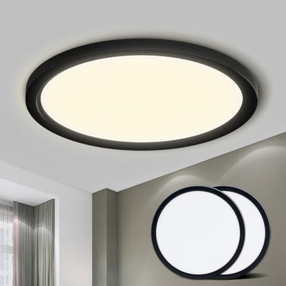 Runde LED-Deckenleuchte mit schwarzem Rahmen und warmweißem Lichtkreis