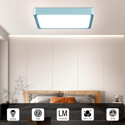Quadratische LED-Deckenleuchte mit blauem Rahmen und hellem Licht