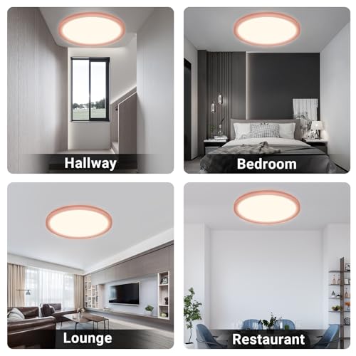 Runde LED-Deckenleuchte mit rosa Rahmen, warmweißes Licht in mehreren Raumansichten