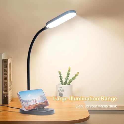 LED-Schreibtischlampe, schwarz, mit Smartphone-Halterung und großem Lichtkegel