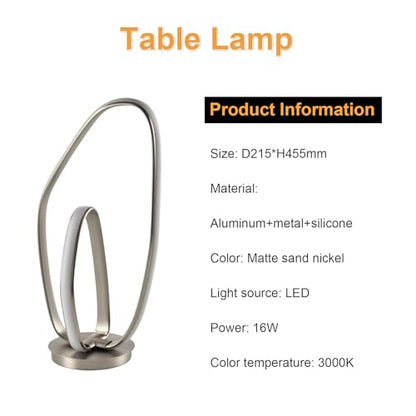 Tischlampe Produktinformation mit Abmessungen, Materialangaben und LED-Details