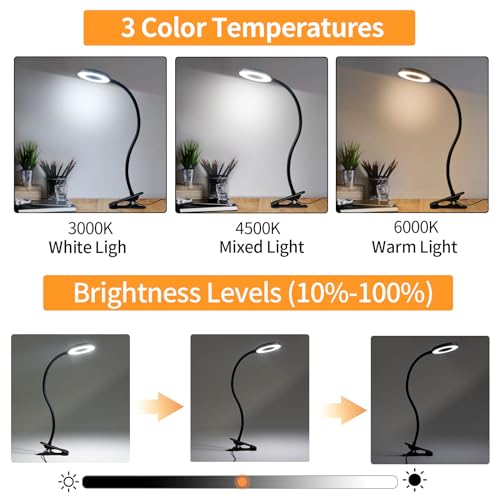 LED-Klemmlampe mit drei Lichtfarben und stufenbarer Helligkeit