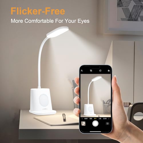Weiße LED-Schreibtischlampe mit Standfuß und Lampenkopf, Smartphone als Halter