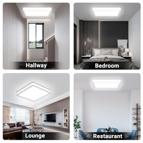 Quadratische LED-Deckenleuchte, flach, in vier Raumansichten (Flur, Schlafzimmer, Lounge, Restaurant)