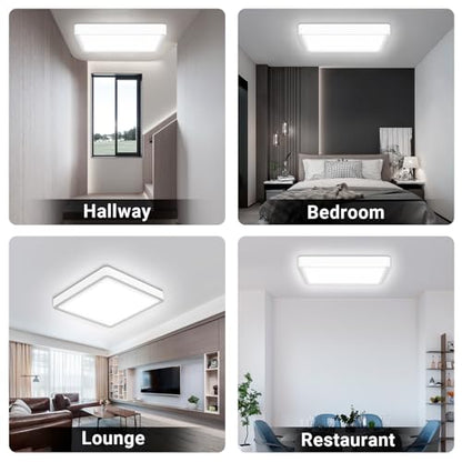 Quadratische LED-Deckenleuchte, flach, in vier Raumansichten (Flur, Schlafzimmer, Lounge, Restaurant)