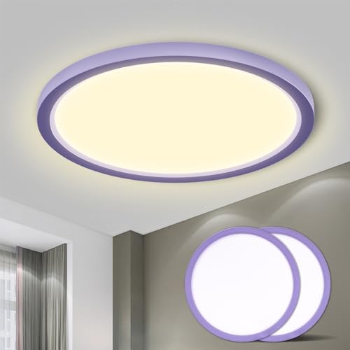 Runde LED-Deckenleuchte mit violettem Rahmen und weißem Lichtkranz