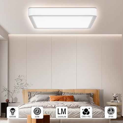 Quadratische LED-Deckenleuchte im Schlafzimmer, flaches weißes Panel mit Angabe 6000K und 23W