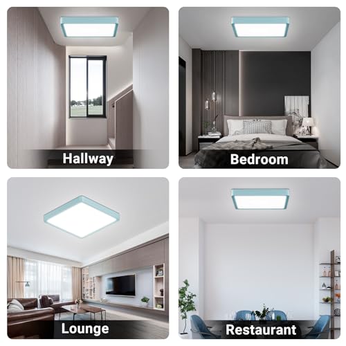 Quadratische LED-Deckenleuchte mit blauem Rahmen, flach an der Decke