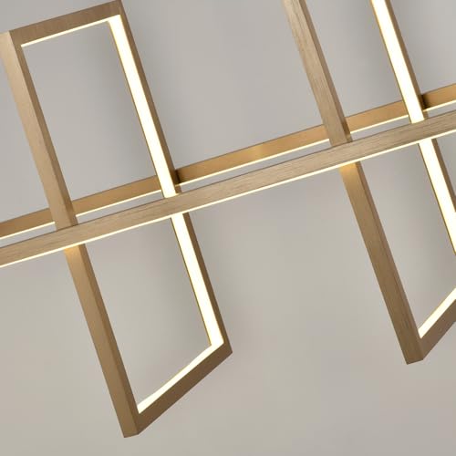LED-Pendelleuchte Detail: goldener Rahmen mit leuchtenden Linien in rechteckigen Feldern