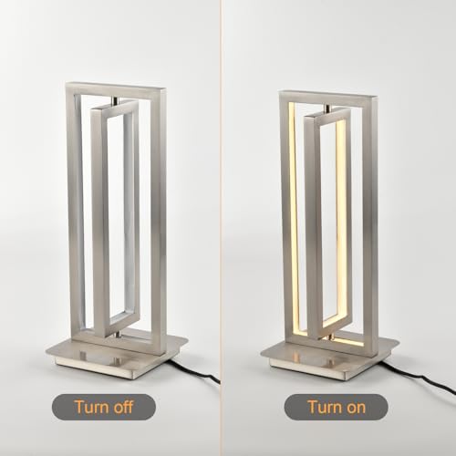 Tischlampe mit LED, mattes Sandnickel, rechteckiger Metallrahmen, eingeschaltet