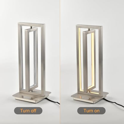 Tischlampe mit LED, mattes Sandnickel, rechteckiger Metallrahmen, eingeschaltet