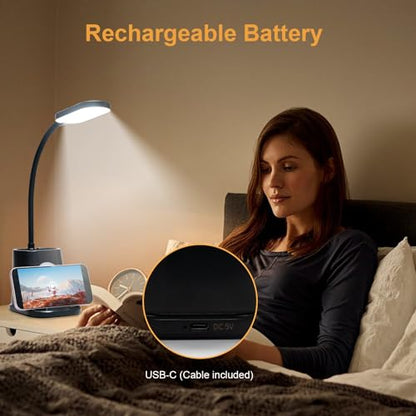 Akku-LED-Schreibtischlampe in Schwarz mit großem Fuß und USB‑C-Anschluss.