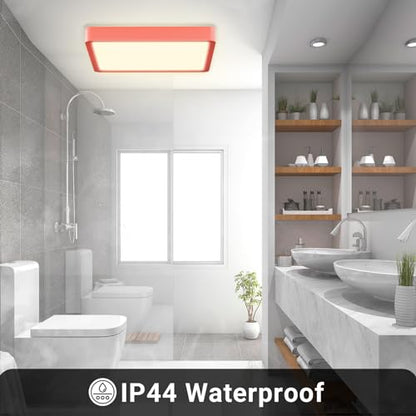 Quadratische LED-Deckenleuchte mit rotem Rahmen, flach an Decke montiert, IP44-Symbol