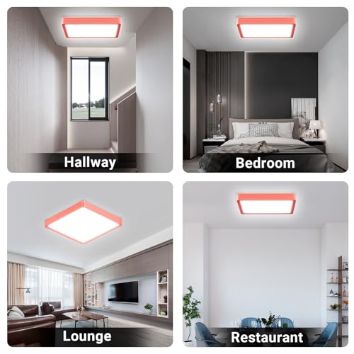 Quadratische LED-Deckenleuchte mit rotem Rahmen, flach an der Decke