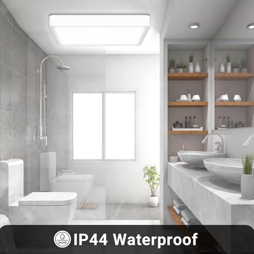 Quadratische LED-Deckenleuchte im Bad, flaches weißes Panel, Hinweis „IP44 Waterproof“