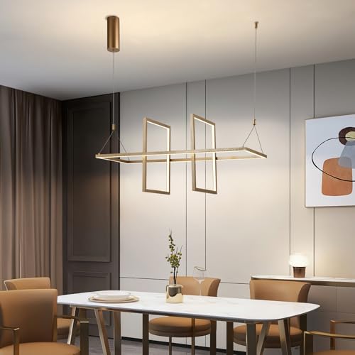 Goldene LED-Pendelleuchte mit langem Rahmen und vier rechteckigen Glaseinsätzen