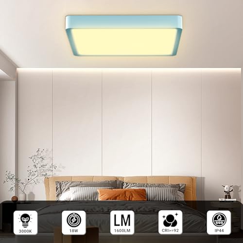 LED-Deckenleuchte quadratisch, flach, blau umrandete Lichtfläche, warmweiß