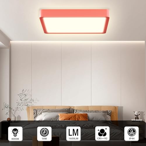 Flache quadratische LED-Deckenleuchte mit rotem Rahmen und heller Lichtfläche