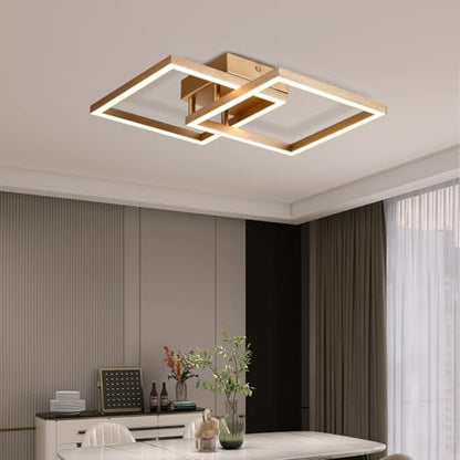 Goldfarbene LED-Deckenleuchte mit rechteckig-geometrischem Rahmen und integrierter Beleuchtung
