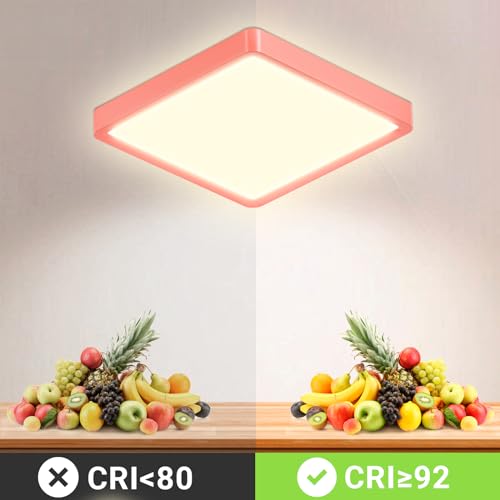 Quadratische LED-Deckenleuchte mit roter Einfassung und warmweißem Lichtaustritt