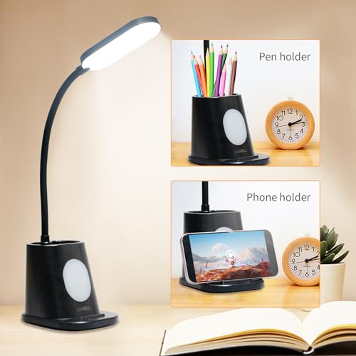 LED-Schreibtischlampe schwarz mit Stifthalter, Smartphone-Halter und flexibler Leuchte.