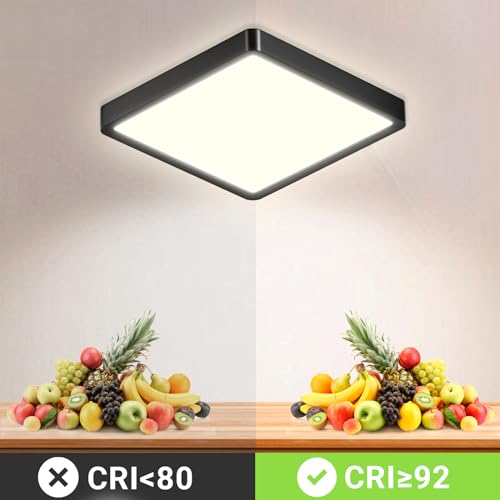 Quadratische LED-Deckenleuchte, schwarze Einfassung mit gleichmäßiger weißer Lichtfläche