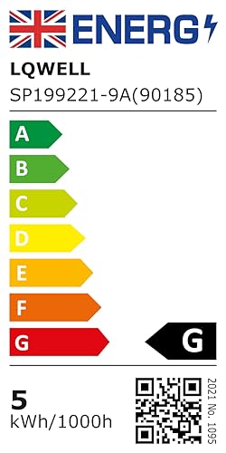 Energieeffizienzlabel mit QR-Code, Einstufung A–G und 5 kWh/1000h Verbrauch