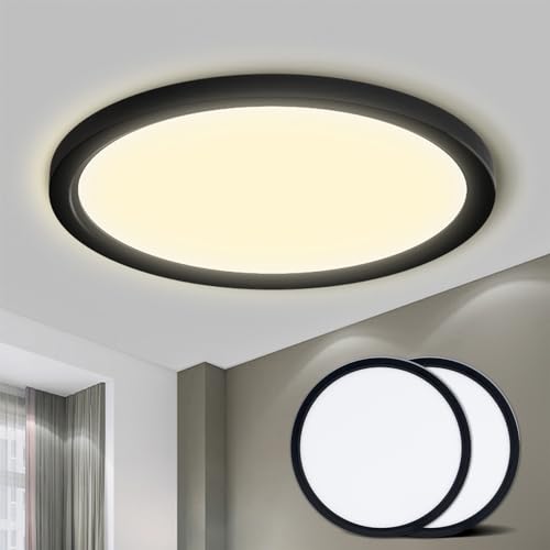 LED-Deckenleuchte mit rundem flachem Rahmen, warmweiß leuchtend, schwarz