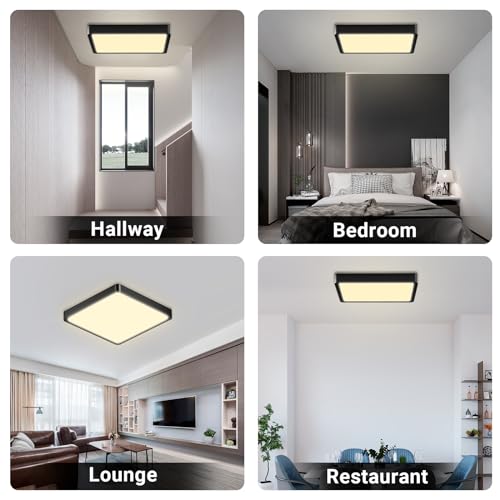 Quadratische LED-Deckenleuchte mit schwarzem Rahmen in verschiedenen Anwendungsbereichen