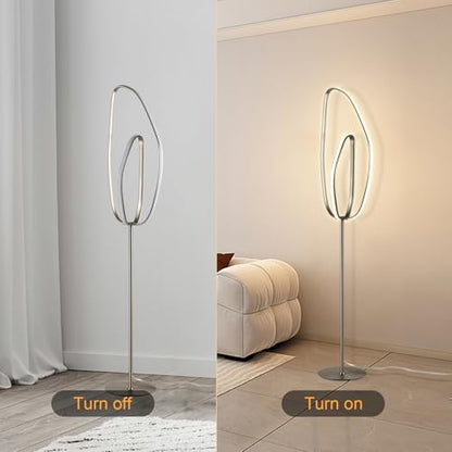 LED-Stehlampe im Betrieb und ausgeschaltet, ovaler Leuchtbügel am schlanken Stiel