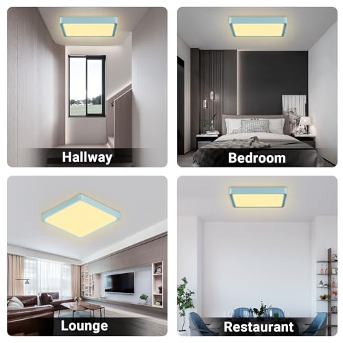 LED-Deckenleuchte quadratisch, flach, blauer Rahmen, warmweißes Licht