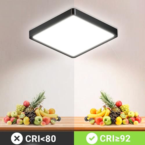 Quadratische LED-Deckenleuchte mit schwarzem Rahmen und weißer Lichtfläche