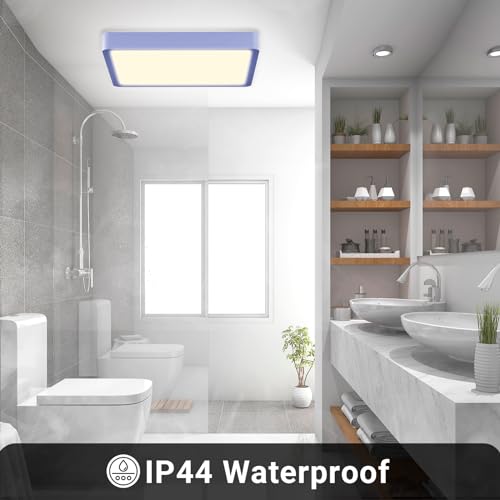 LED-Deckenleuchte IP44 mit blauem Rahmen und rechteckiger Lichtfläche im Bad