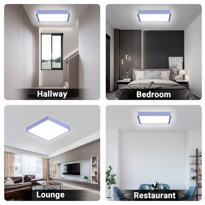 Quadratische flache LED-Deckenleuchte mit blauem Rahmen, in mehreren Räumen eingesetzt
