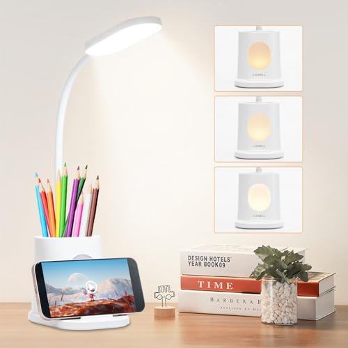 LED-Schreibtischlampe in Weiß mit flexiblem Leuchtenarm, Stifthalter und Handyhalter