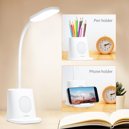 Weiße LED-Schreibtischlampe mit Stifthalter-Aufsatz und Smartphonehalter auf dem Sockel