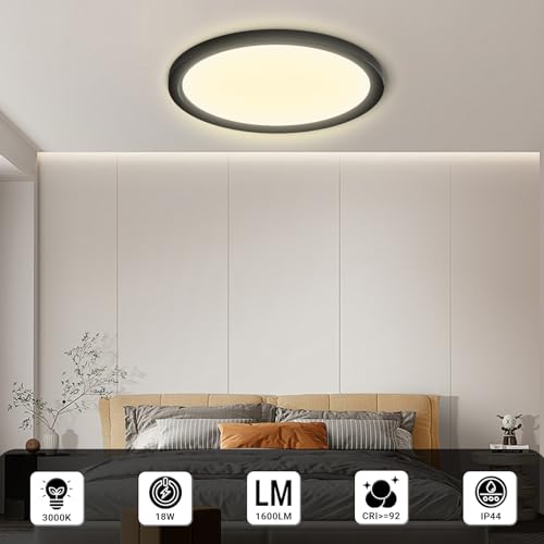 Runde LED-Deckenleuchte mit schwarzem Rahmen, flach an der Decke montiert