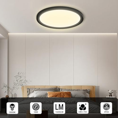 Runde LED-Deckenleuchte mit schwarzem Rahmen, flach an der Decke montiert