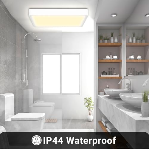 Quadratische LED-Deckenleuchte mit warmweißem Licht im Badezimmerbereich
