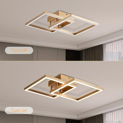Goldfarbene LED-Deckenleuchte im Ein- und Aus-Zustand, quadratischer geometrischer Rahmen