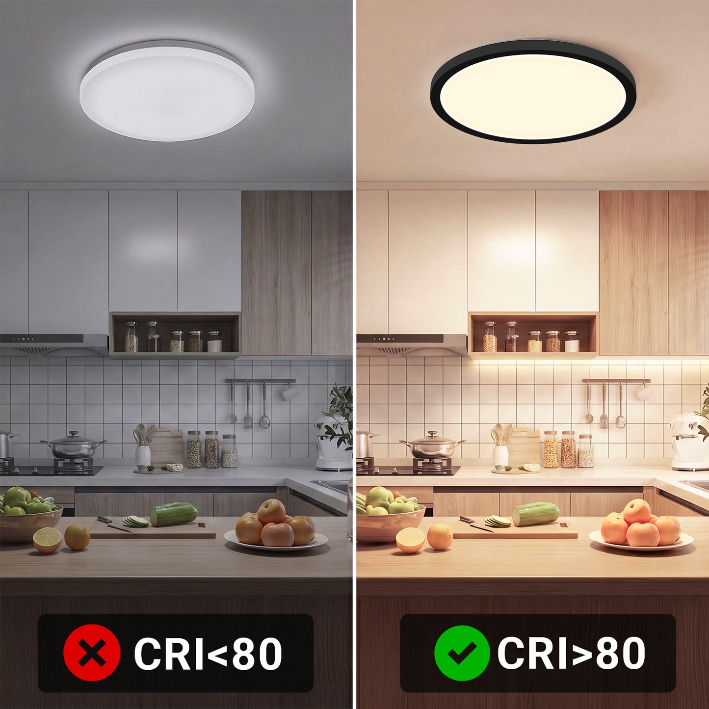 Runde LED-Deckenleuchte mit schwarzem Rahmen, flach montiert, warmweißes Licht
