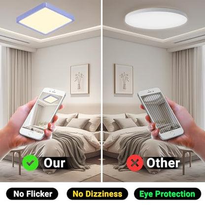 Quadratische LED-Deckenleuchte mit blauem Rahmen, gesteuert per Smartphone