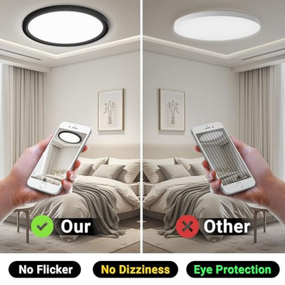 Runde LED-Deckenleuchte, schwarze Einfassung, Darstellung ohne Flimmern
