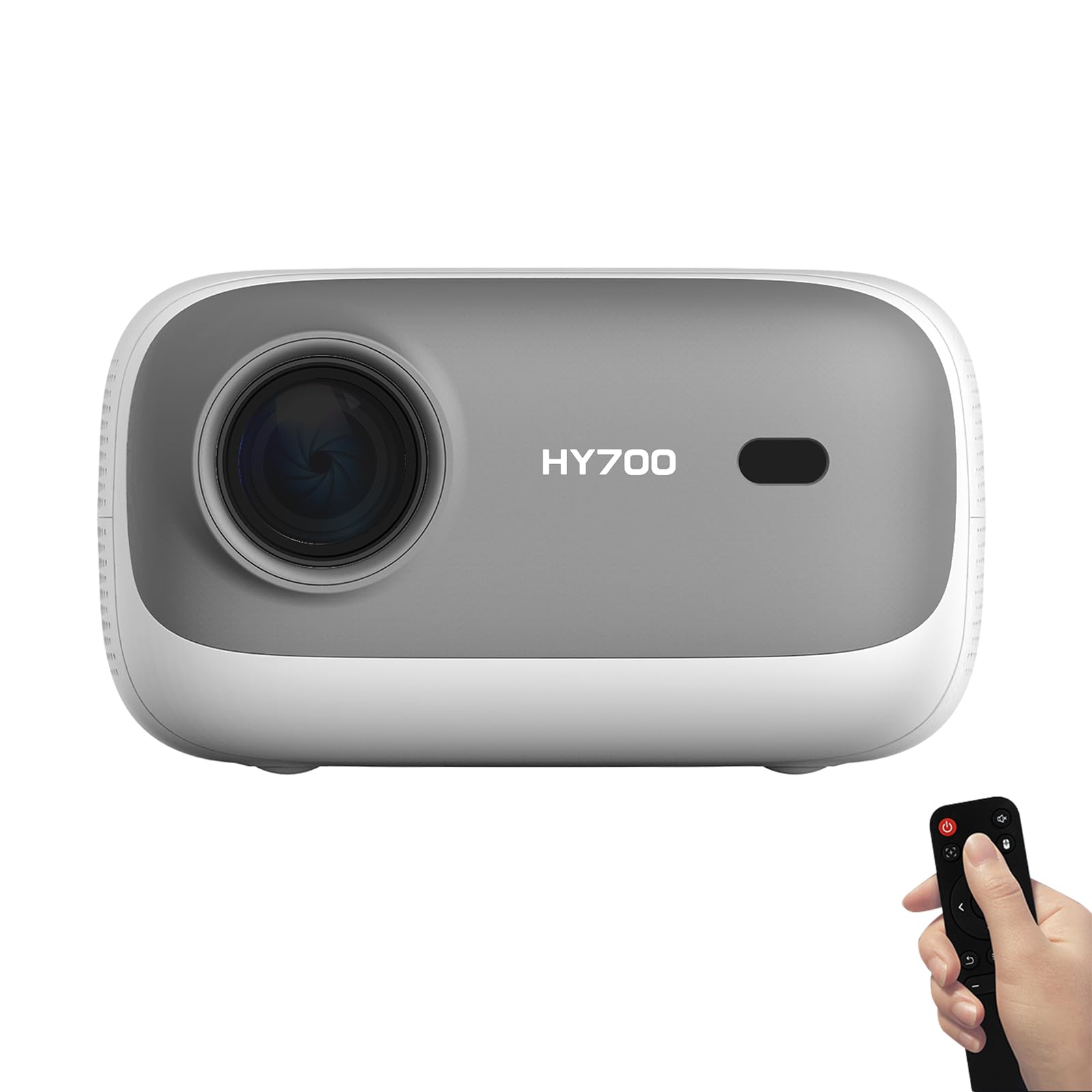 HY700 Heimkino-Projektor mit Objektiv, weiß-graues Gehäuse und Standfuß
