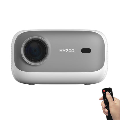 HY700 Heimkino-Projektor mit Objektiv, weiß-graues Gehäuse und Standfuß