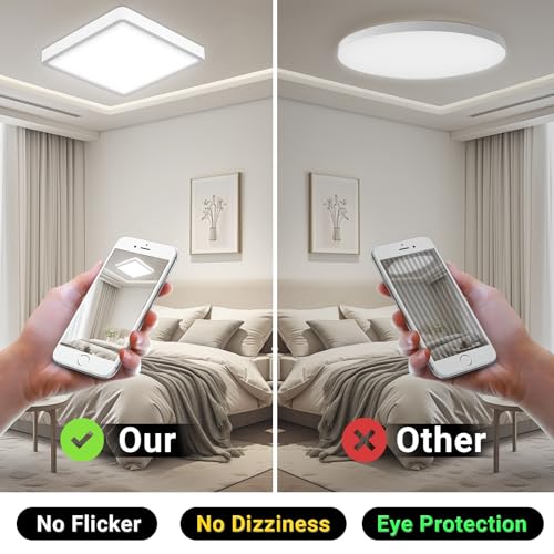 Quadratische LED-Deckenleuchte, flacher Rahmen, gleichmäßiges Leuchtfeld an der Decke