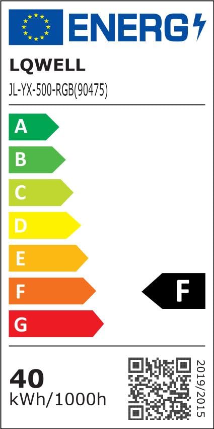 Energieeffizienzlabel für LQWELL LED-Deckenleuchte, Modell JLY-X-500-RGB, Klasse F