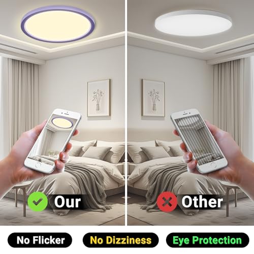 Runde LED-Deckenleuchte mit violettem Ring, warmweißes Licht ohne Flackern