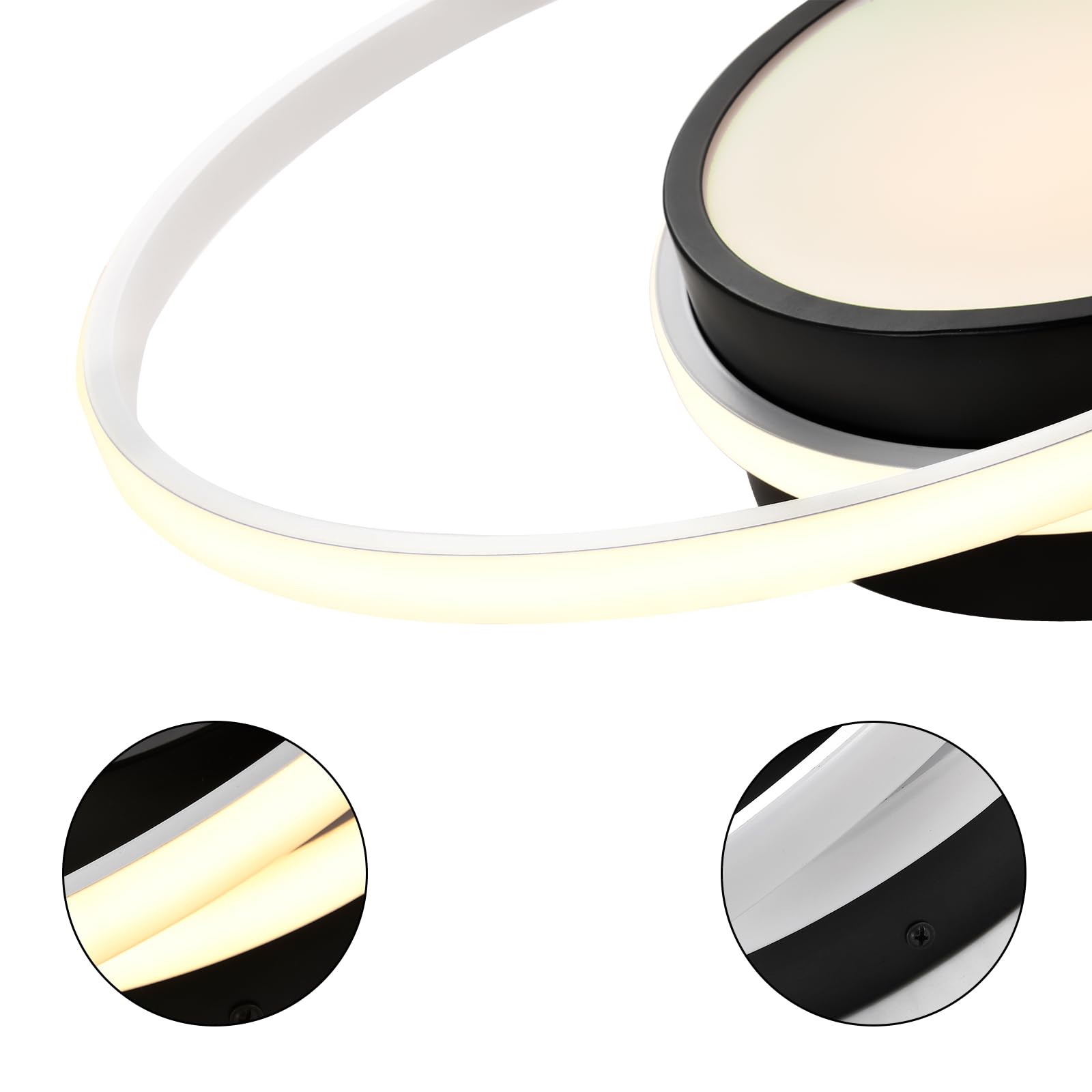 LED-Deckenleuchte Ringform, Detailansicht: schwarzer Innenring, weißer Lichtbereich